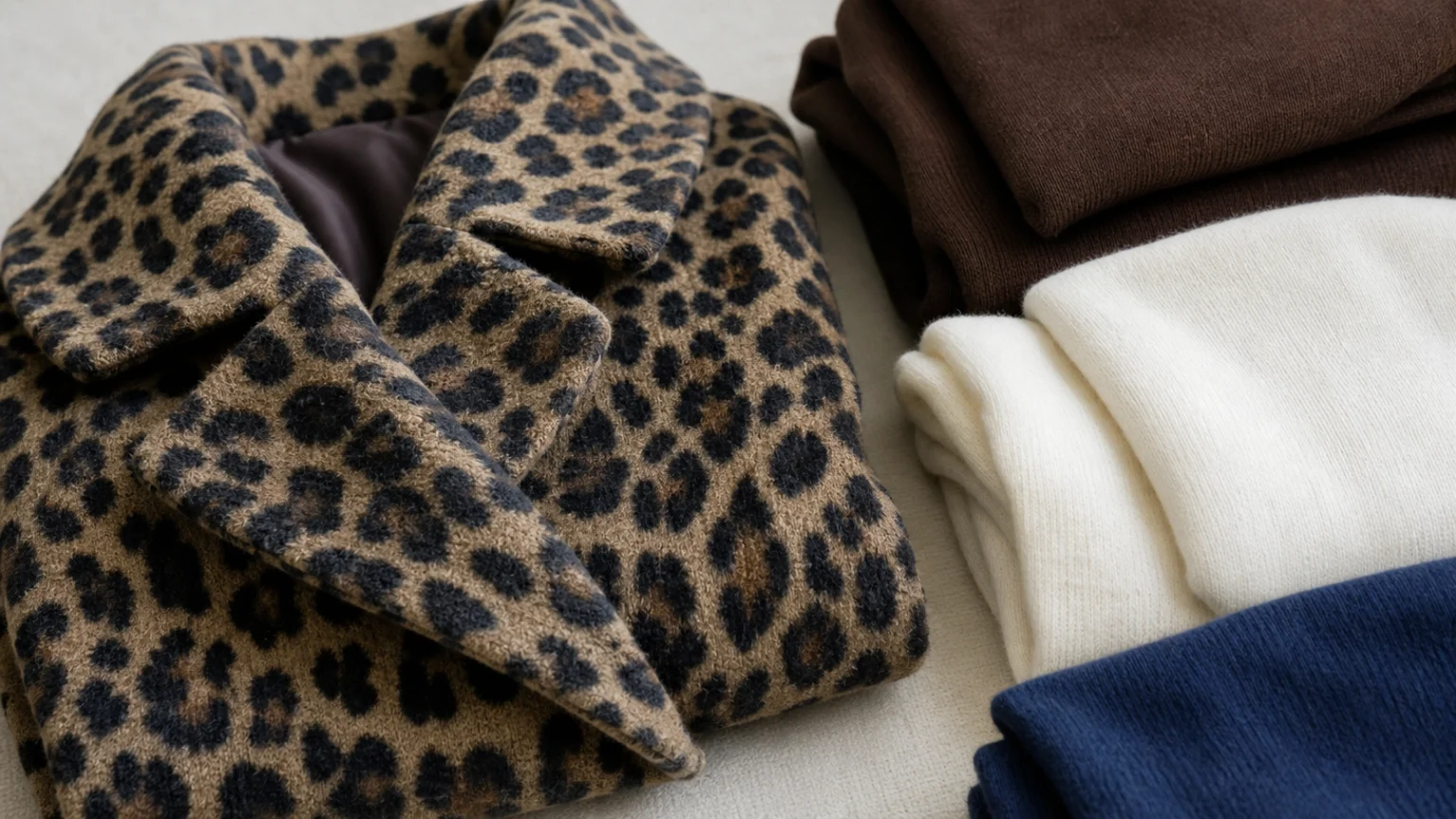 Manteau léopard plié à côté de pièces brun chocolat, écru et bleu profond