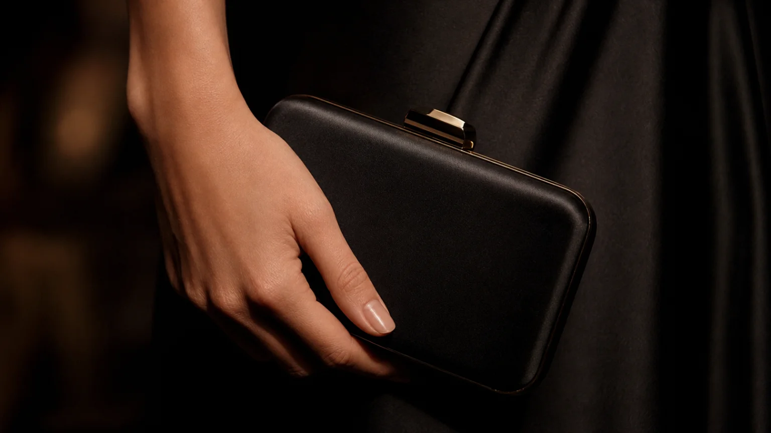 Main tenant une pochette en satin noir contre une robe de soirée