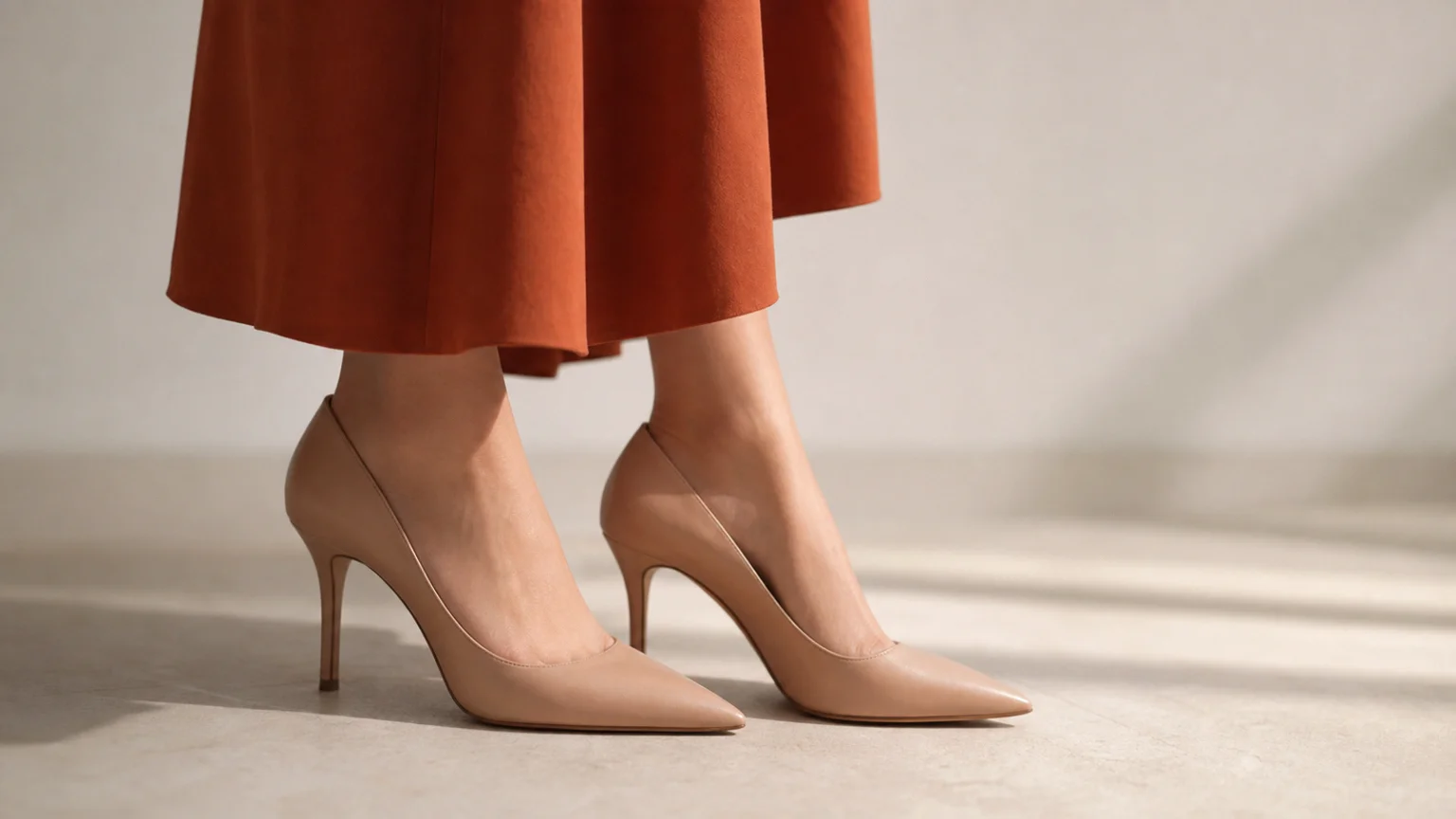 Escarpins pointus ton chair sous l'ourlet d'une robe mi-longue