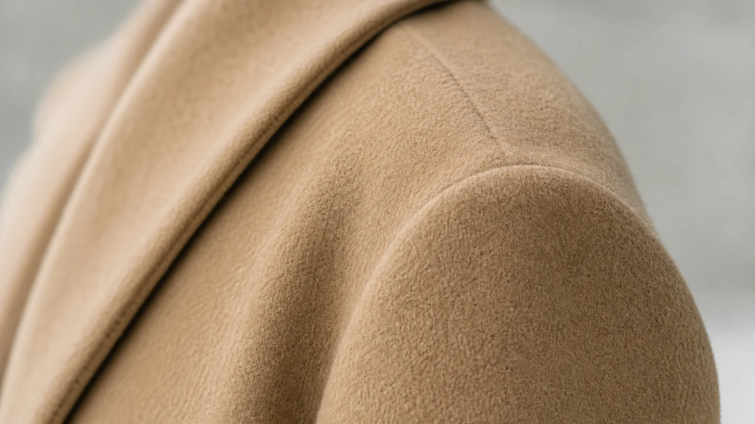 Épaule et col d'un manteau en laine camel épaisse, couture d'épaule visible